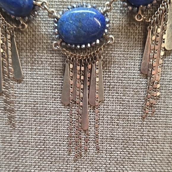 Lapis Lazuli Gold Tone Statement Dangle Necklace With Fringe - Picture 4 of 8